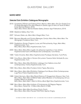 MARIO MERZ Selected Solo Exhibition Catalogues/Monographs