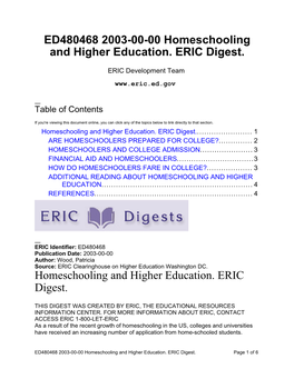 Homeschooling and Higher Education. ERIC Digest