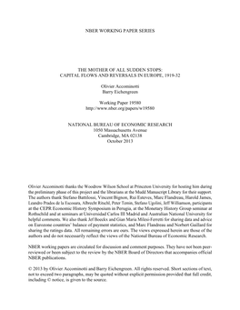 Capital Flows and Reversals in Europe, 1919-32 Olivier Accominotti and Barry Eichengreen NBER Working Paper No