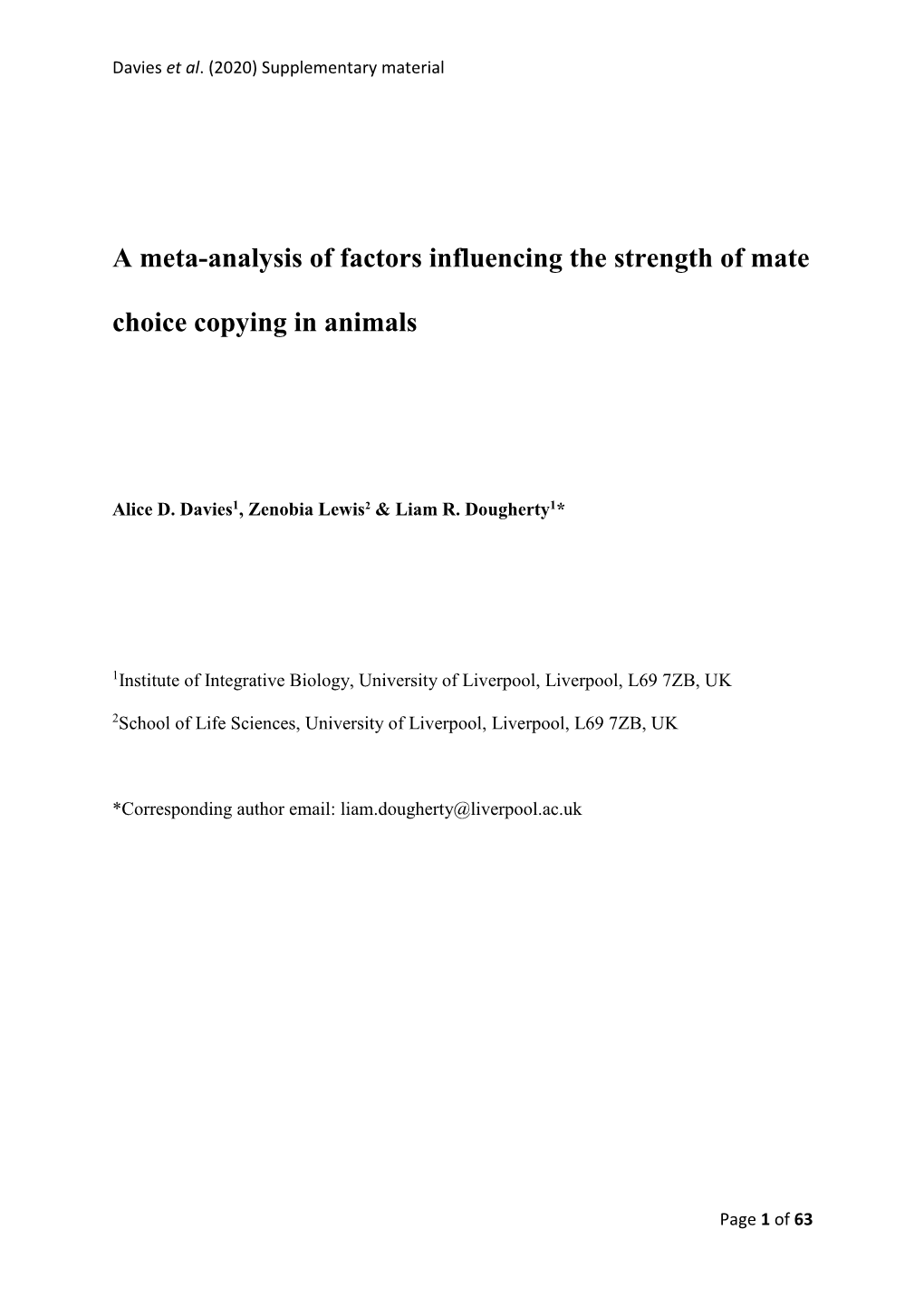 A Meta-Analysis of Factors Influencing the Strength of Mate Choice Copying in Animals
