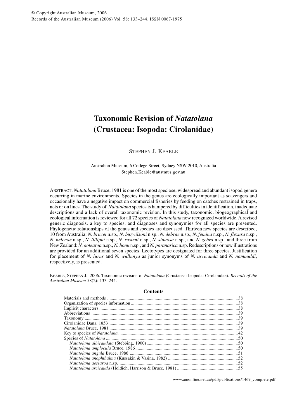 Taxonomic Revision of Natatolana (Crustacea: Isopoda: Cirolanidae)