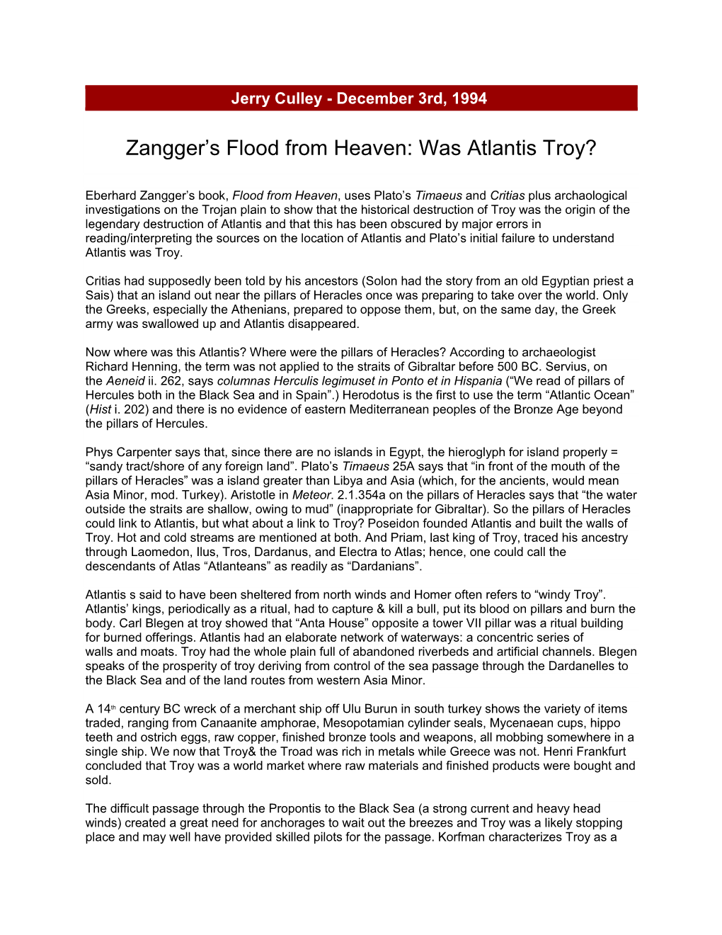 Zangger's Flood from Heaven: Was Atlantis Troy?