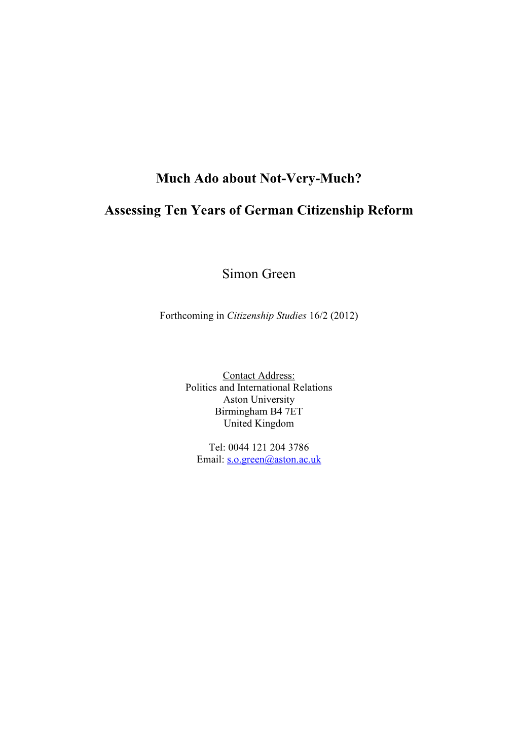 Assessing Ten Years of German Citizenship Reform Simon Green