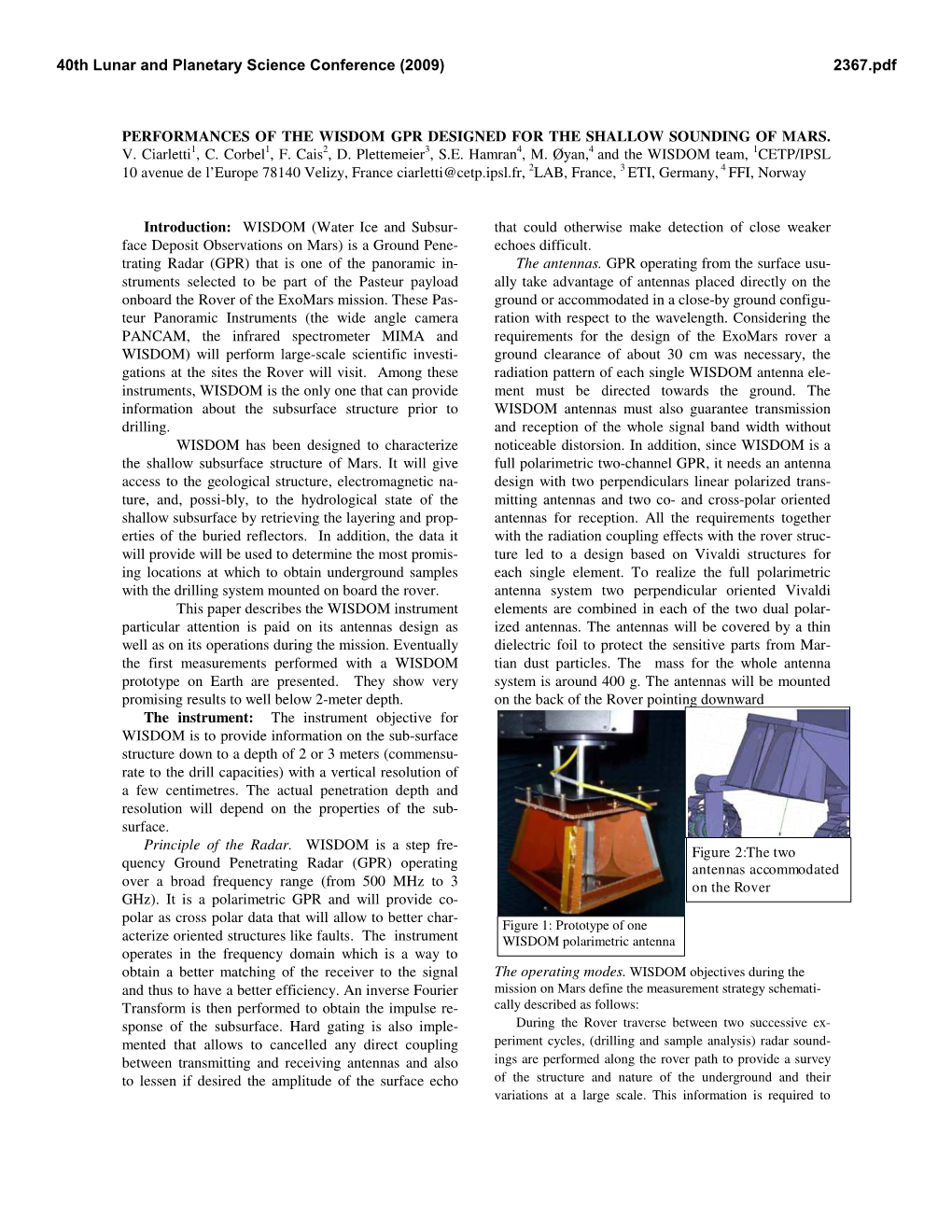 Performances of the Wisdom Gpr Designed for the Shallow Sounding of Mars