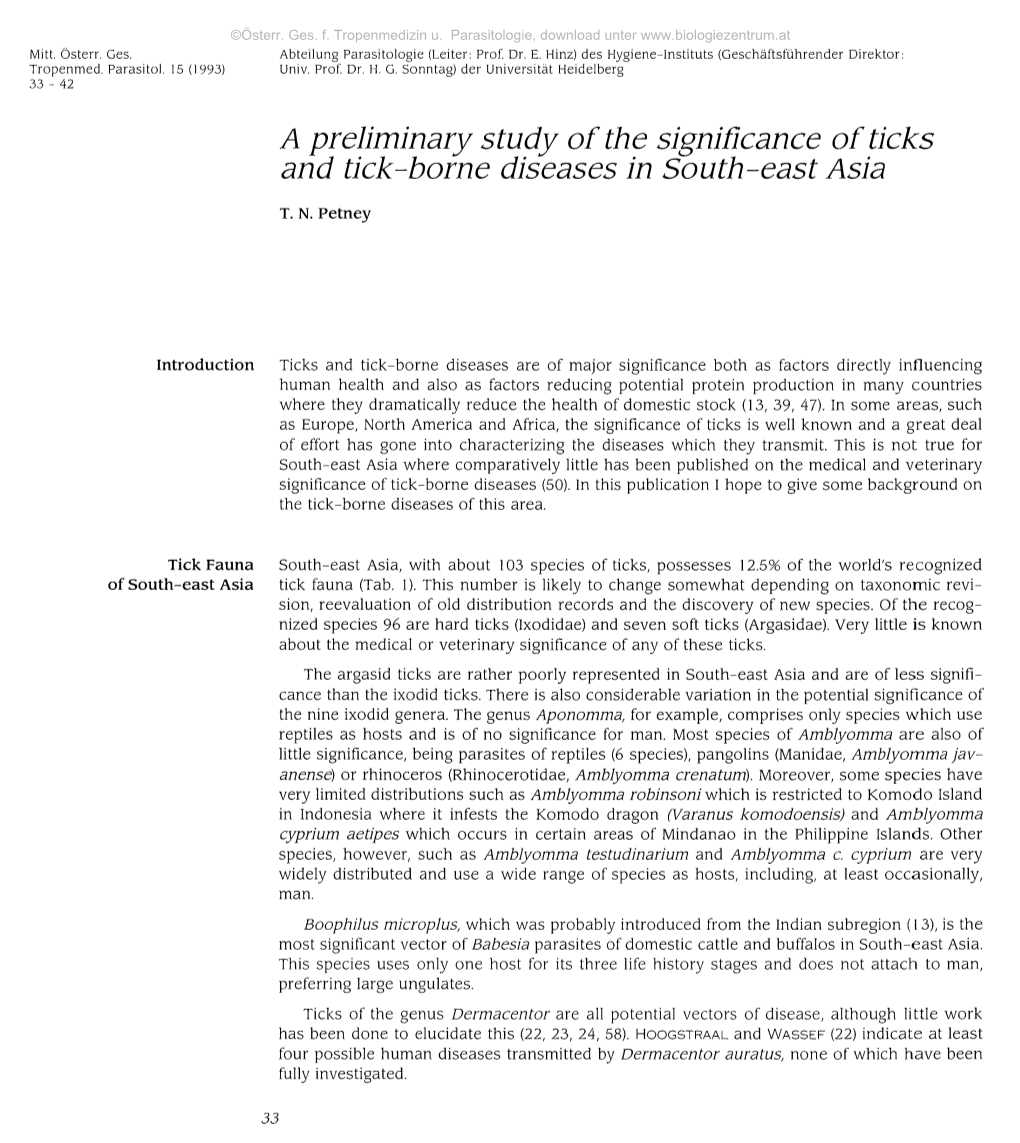 A Preliminary Study of the Significance of Ticks and Tick-Borne Diseases in South-East Asia