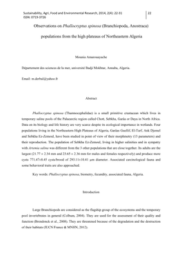 Observations on Phallocryptus Spinosa (Branchiopoda, Anostraca)