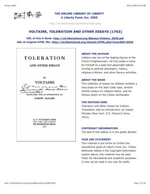 Voltaire, Toleration and Other Essays (1763)