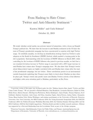 From Hashtag to Hate Crime: Twitter and Anti-Minority Sentiment ∗