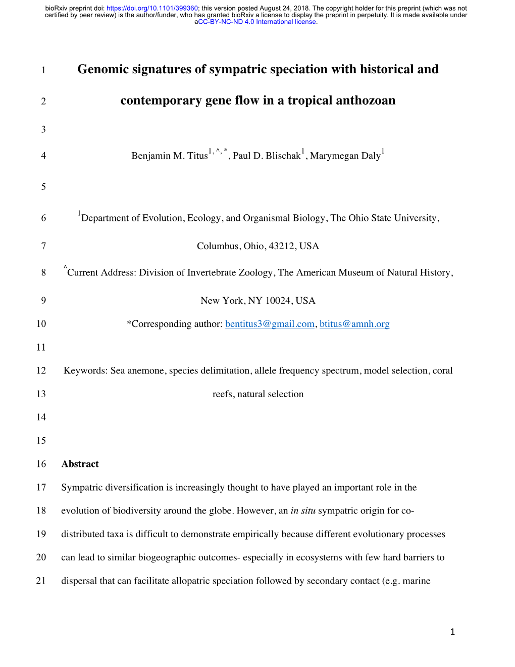 Genomic Signatures of Sympatric Speciation with Historical And