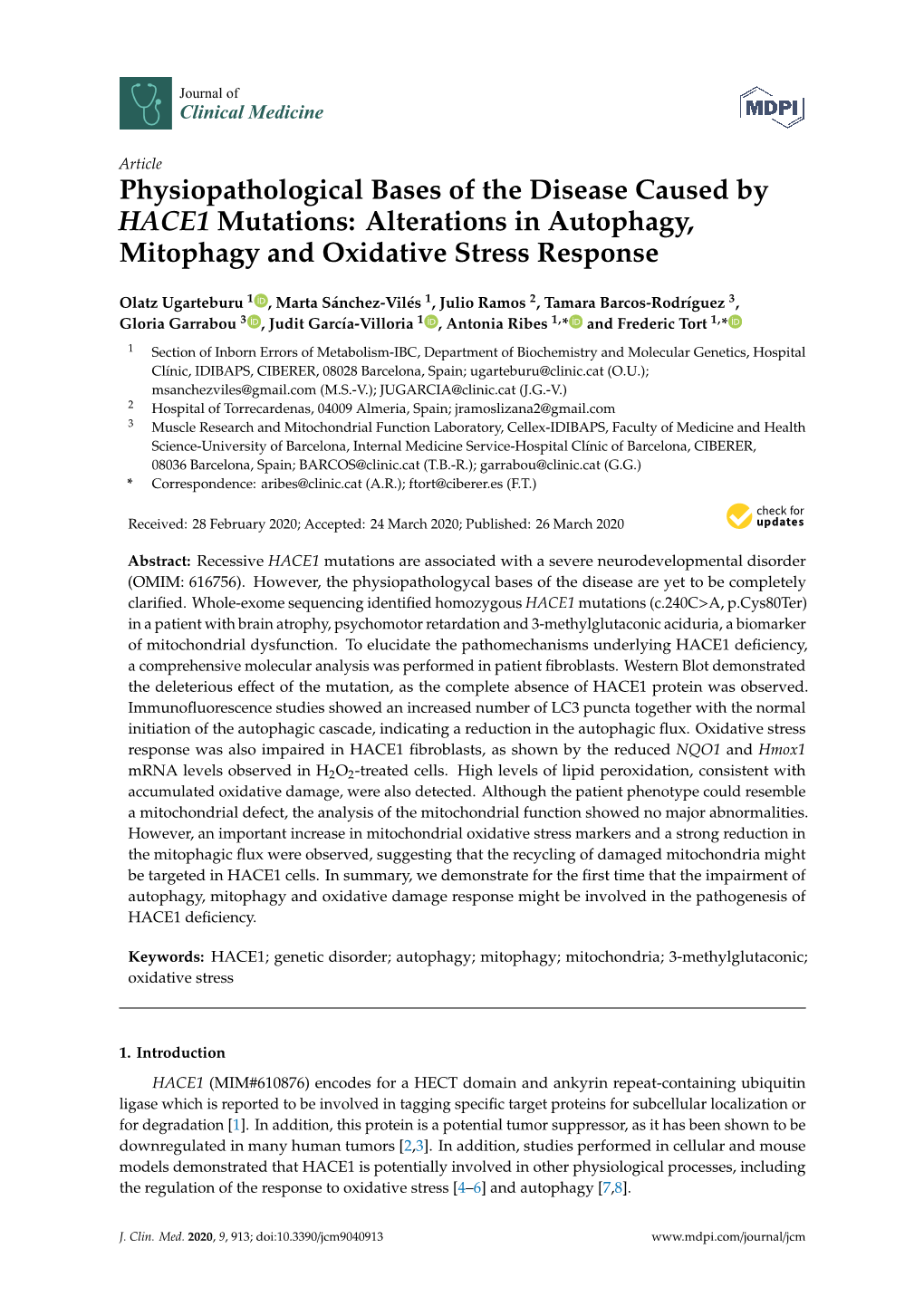 Physiopathological Bases of the Disease Caused by HACE1 Mutations: Alterations in Autophagy, Mitophagy and Oxidative Stress Response