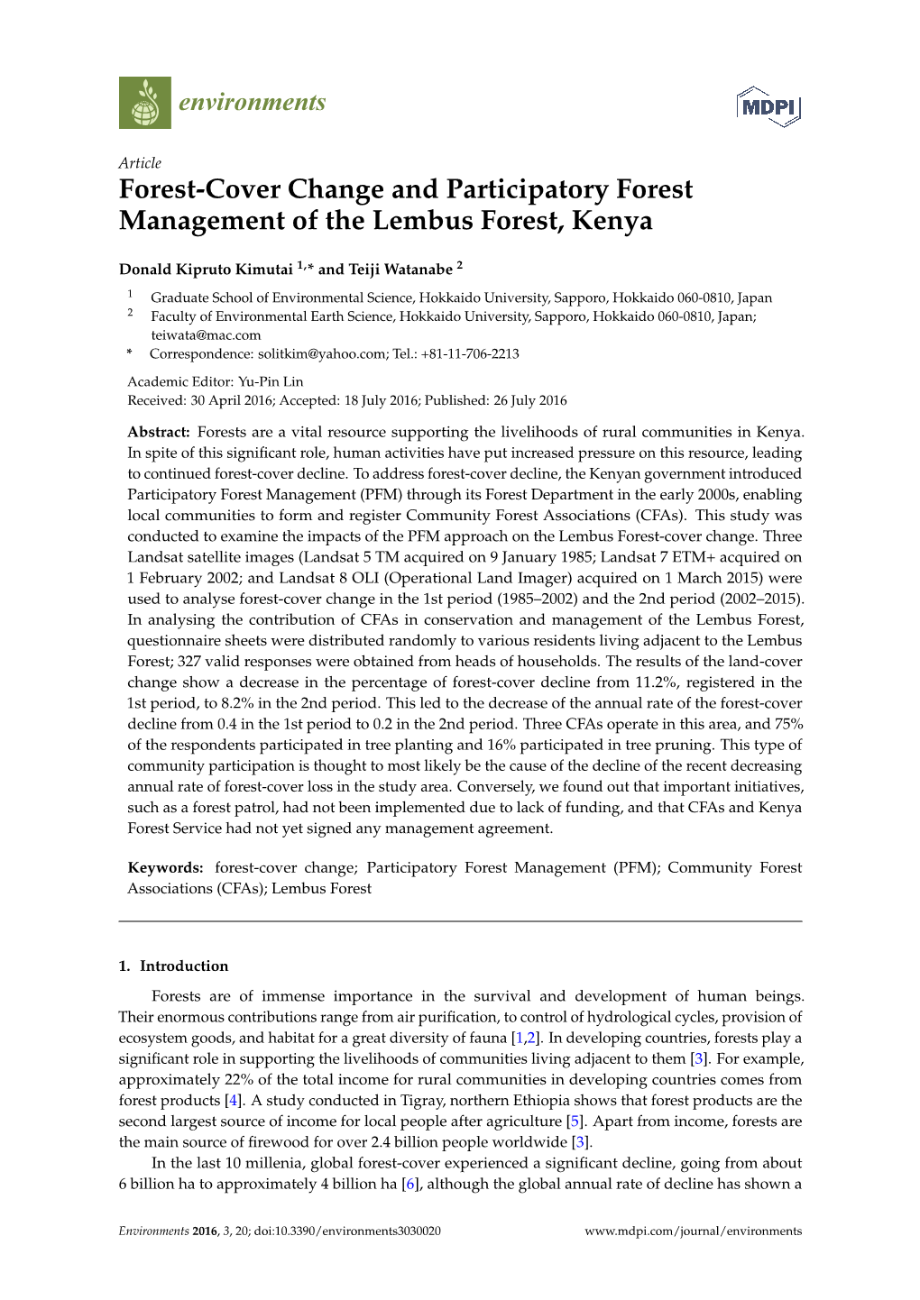 Forest-Cover Change and Participatory Forest Management of the Lembus Forest, Kenya