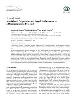 Ant-Related Oviposition and Larval Performance in a Myrmecophilous Lycaenid