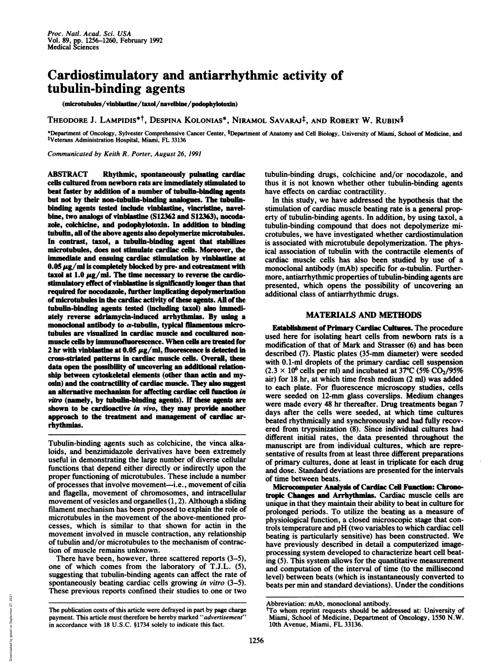 Cardiostimulatory and Antiarrhythmic Activity of Tubulin-Binding Agents (Microtubules/Vlnblastne/Taxol/Navelbine/Podophykotoxin) THEODORE J