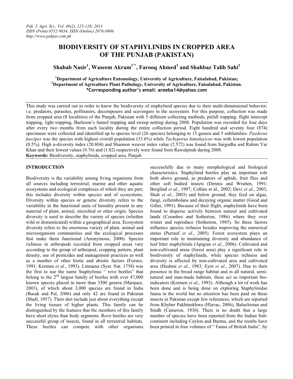 Biodiversity of Staphylinids in Cropped Area of the Punjab (Pakistan)