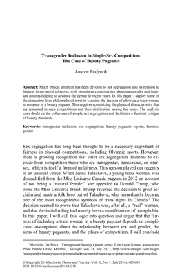 Transgender Inclusion in Single-Sex Competition: the Case of Beauty Pageants