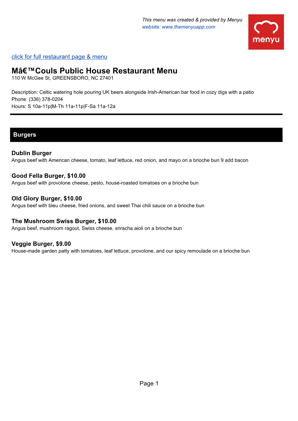 Mâ€™Couls Public House Restaurant Menu 110 W Mcgee St, GREENSBORO, NC 27401