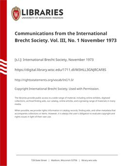 Communications from the International Brecht Society. Vol. III, No. 1 November 1973