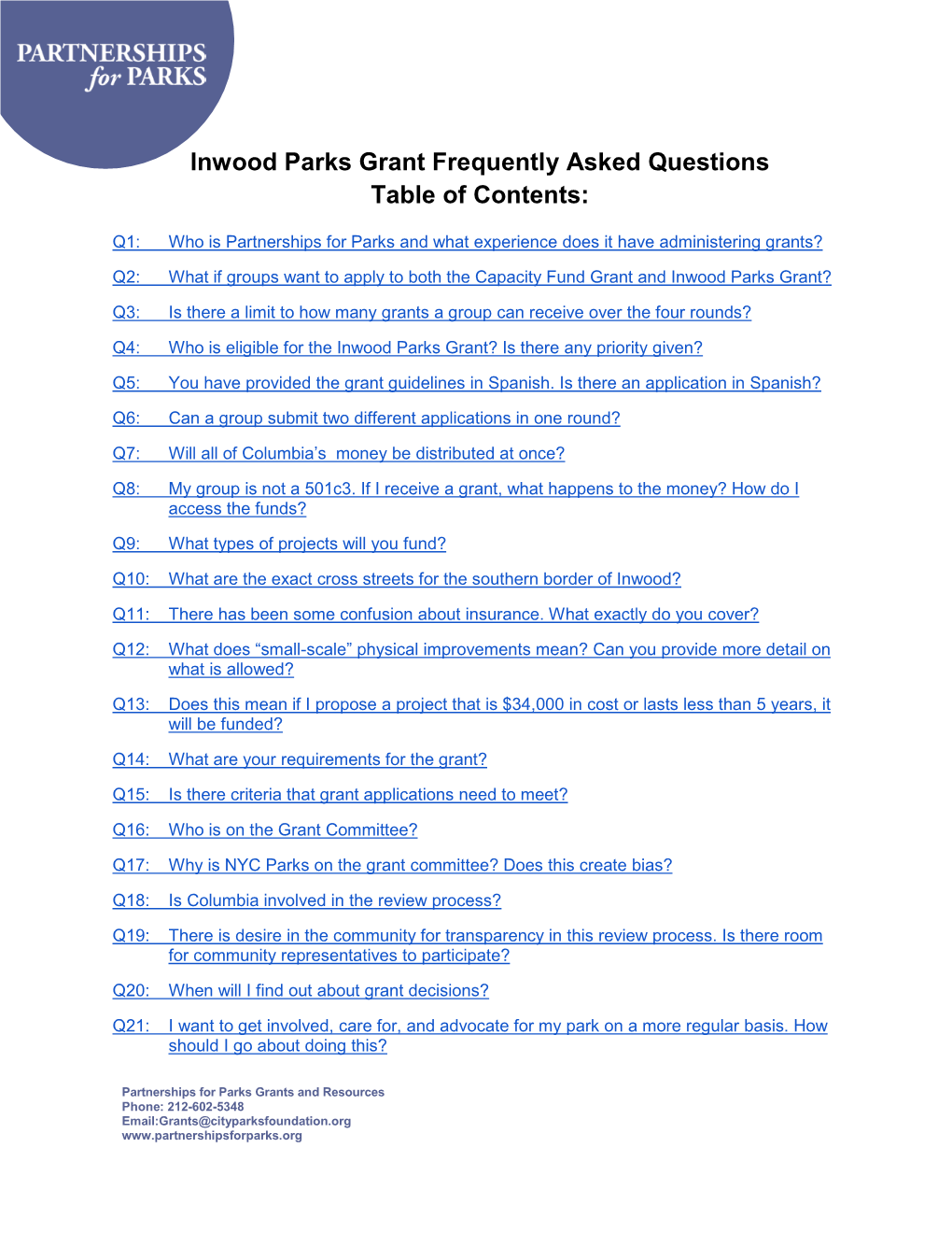 Inwood Parks Grant Frequently Asked Questions Table of Contents