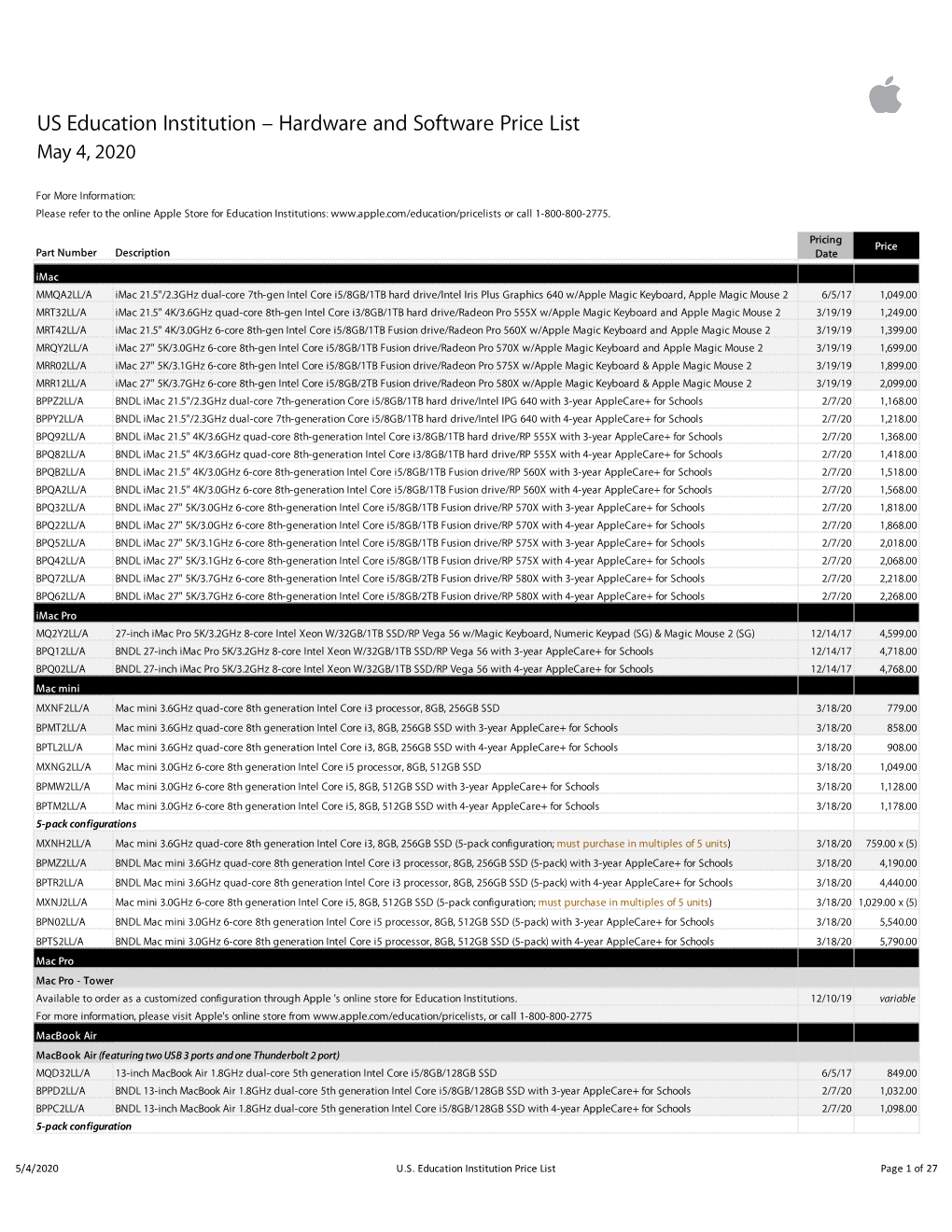 Apple US Education Price List