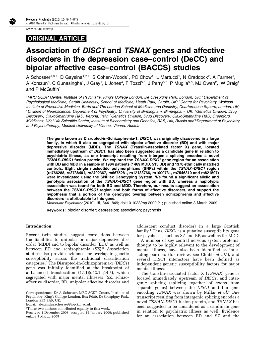 Association of DISC1 and TSNAX Genes and Affective Disorders in the Depression Case&Ndash