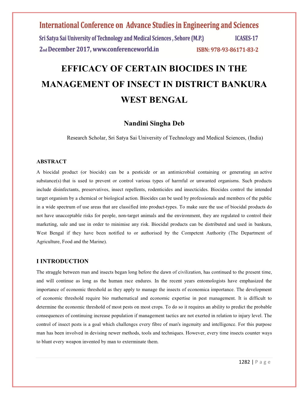 Efficacy of Certain Biocides in the Management of Insect in District Bankura West Bengal