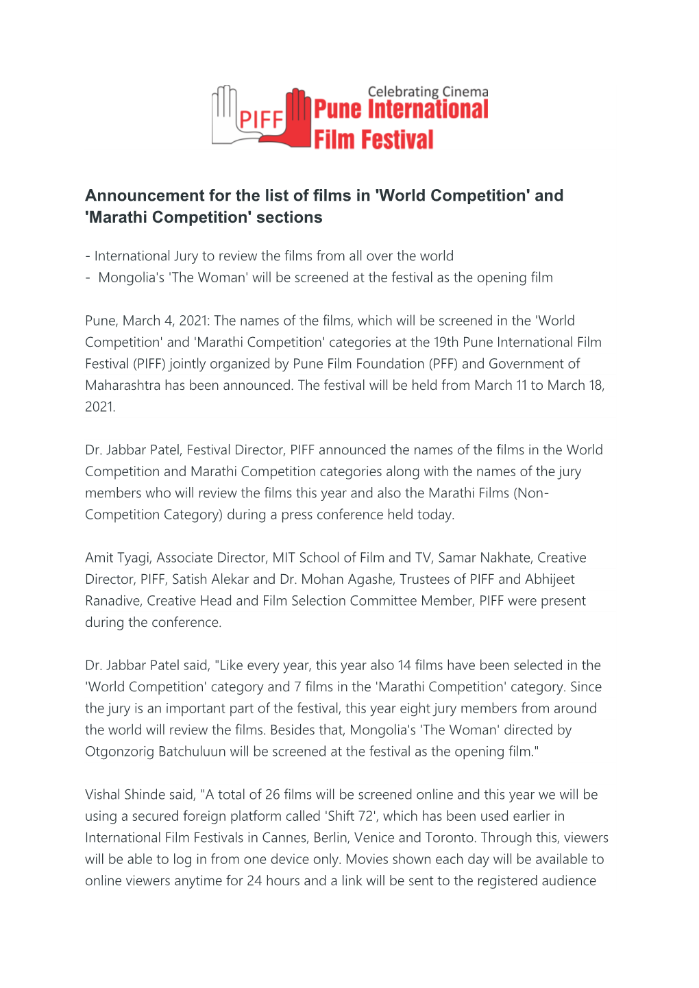 Announcement for the List of Films in 'World Competition' and 'Marathi Competition' Sections