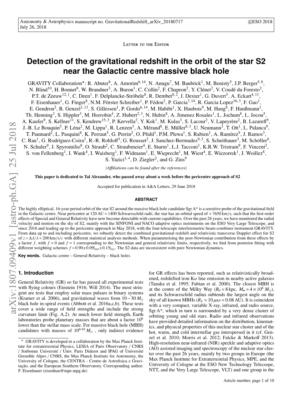 Detection of the Gravitational Redshift in the Orbit of the Star S2 Near the Galactic Centre Massive Black Hole GRAVITY Collaboration?: R