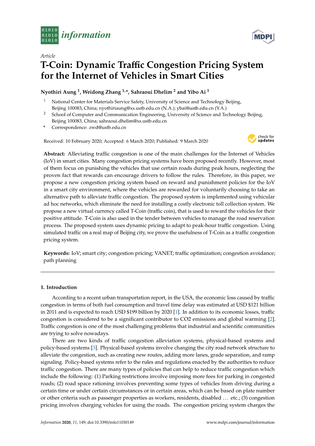 T-Coin: Dynamic Traffic Congestion Pricing System for the Internet of Vehicles in Smart Cities