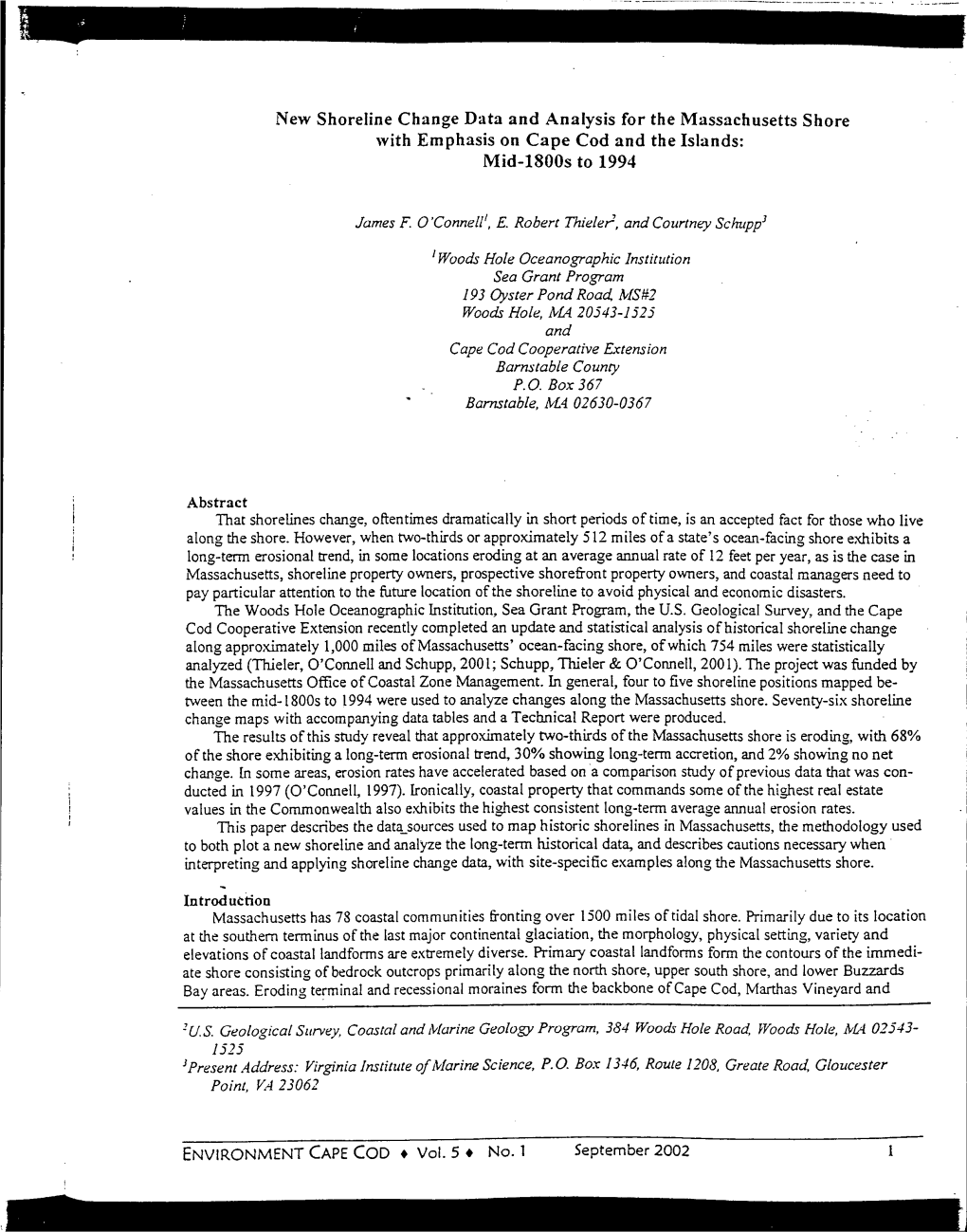 New Shoreline Change Data and Analysis for the Massachusetts Shore with Emphasis on Cape Cod and the Islands: Mid-1800S to 1994