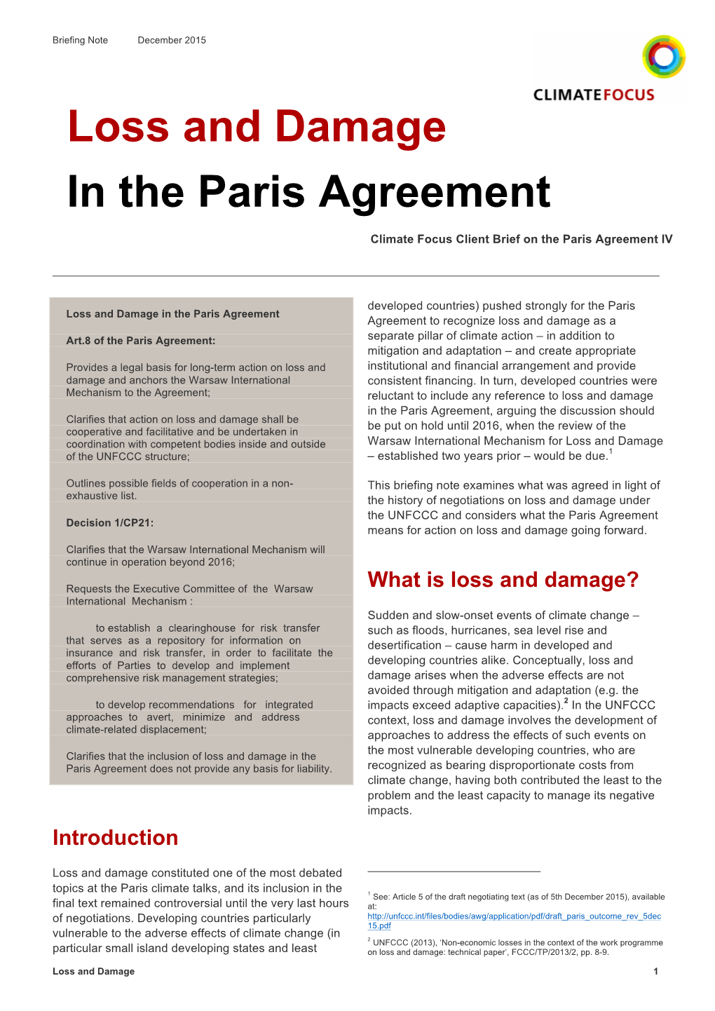 Loss and Damage in the Paris Agreement