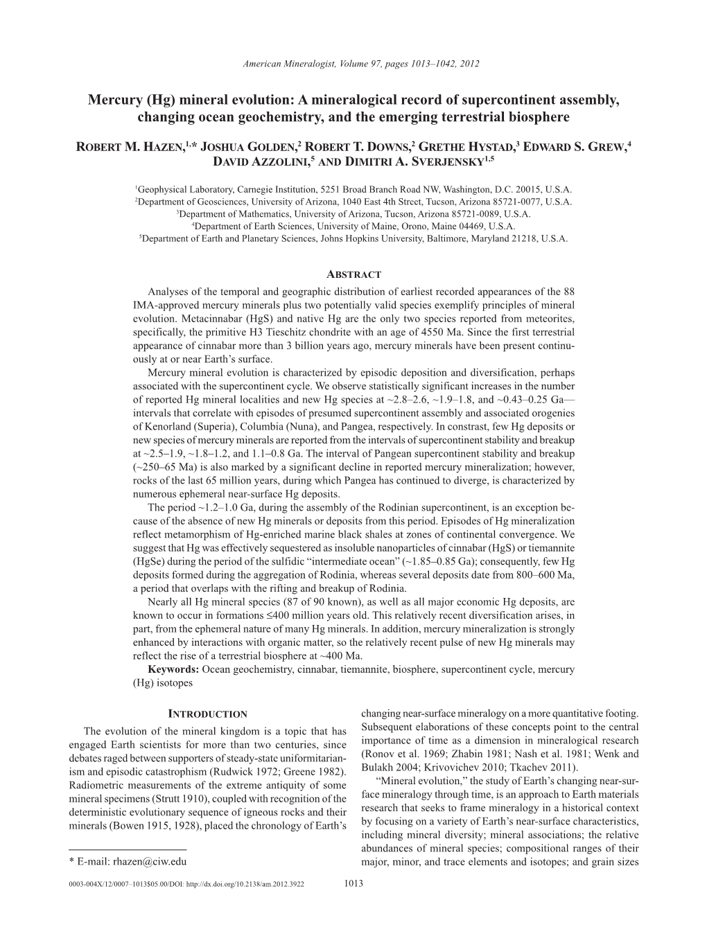 Mercury (Hg) Mineral Evolution: a Mineralogical Record of Supercontinent Assembly, Changing Ocean Geochemistry, and the Emerging Terrestrial Biosphere