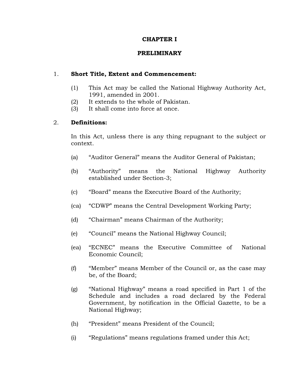 (1) This Act May Be Called the National Highway Authority Act, 1991, Amended in 2001