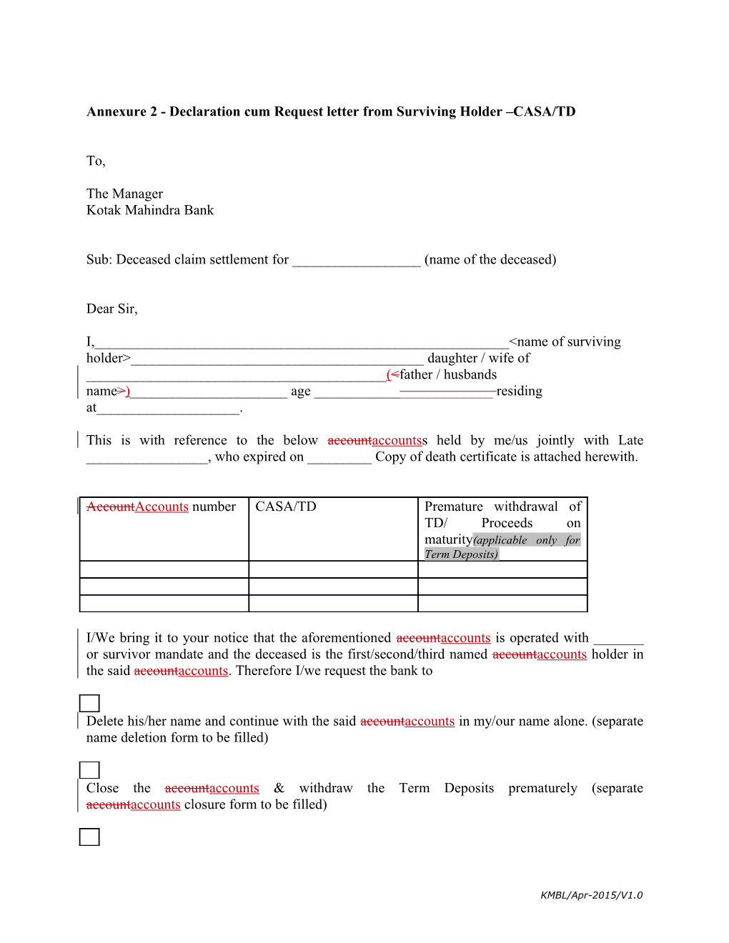 Annexure 2 - Declaration Cum Request Letter from Surviving Holder CASA/TD