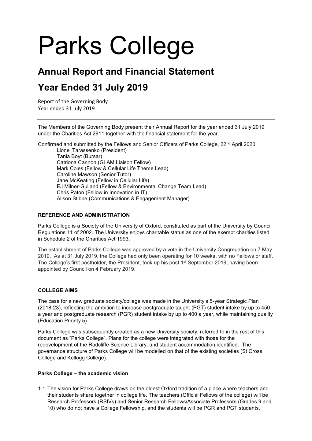 Parks College Annual Report and Financial Statement Year Ended 31 July 2019