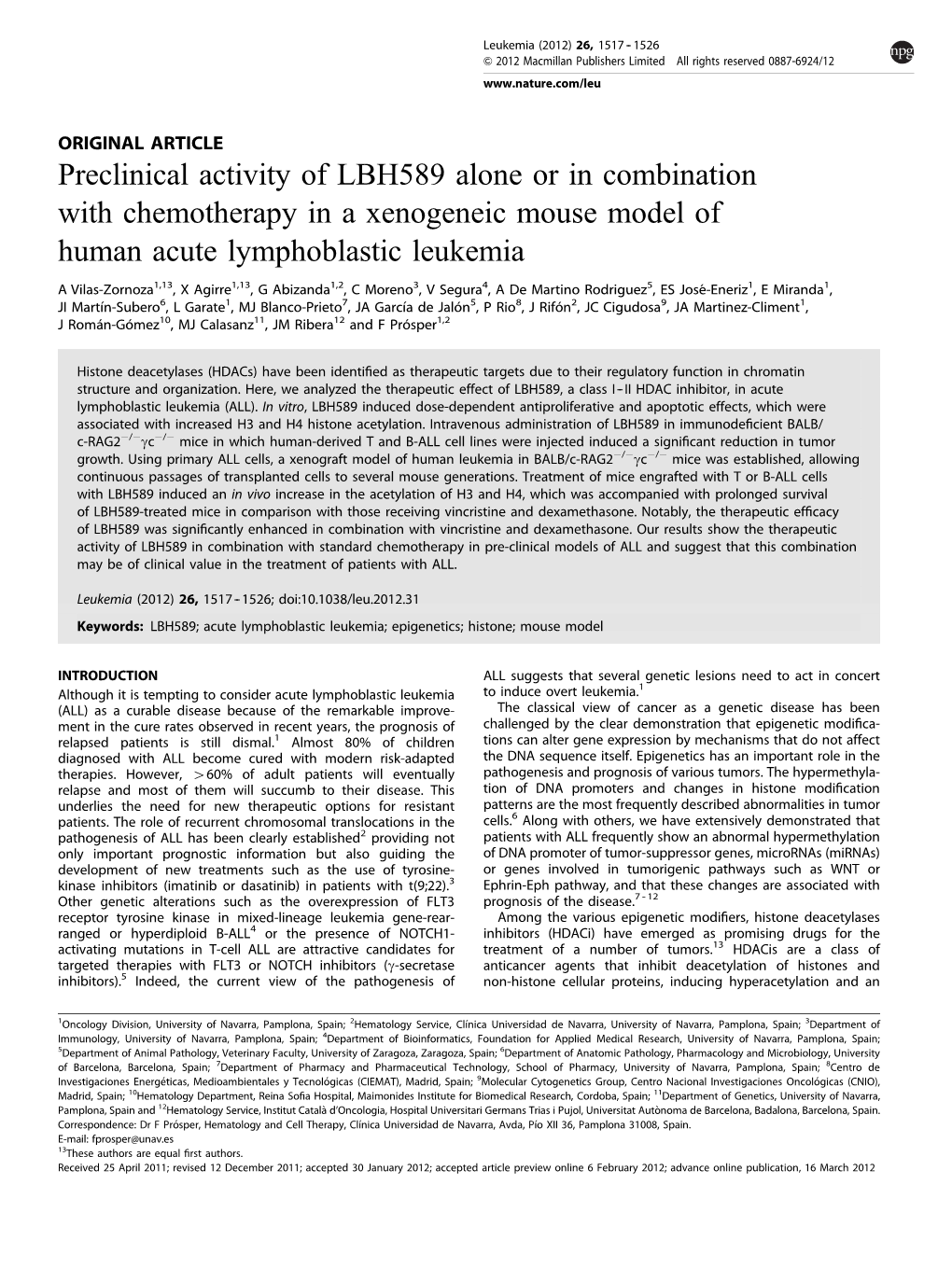 Preclinical Activity of LBH589 Alone Or in Combination with Chemotherapy in a Xenogeneic Mouse Model of Human Acute Lymphoblastic Leukemia