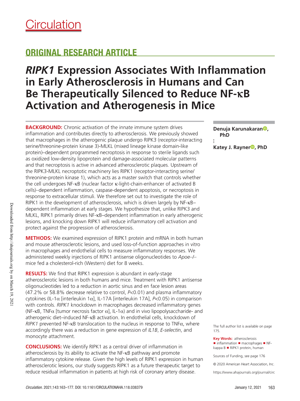 RIPK1 Expression Associates with Inflammation in Early