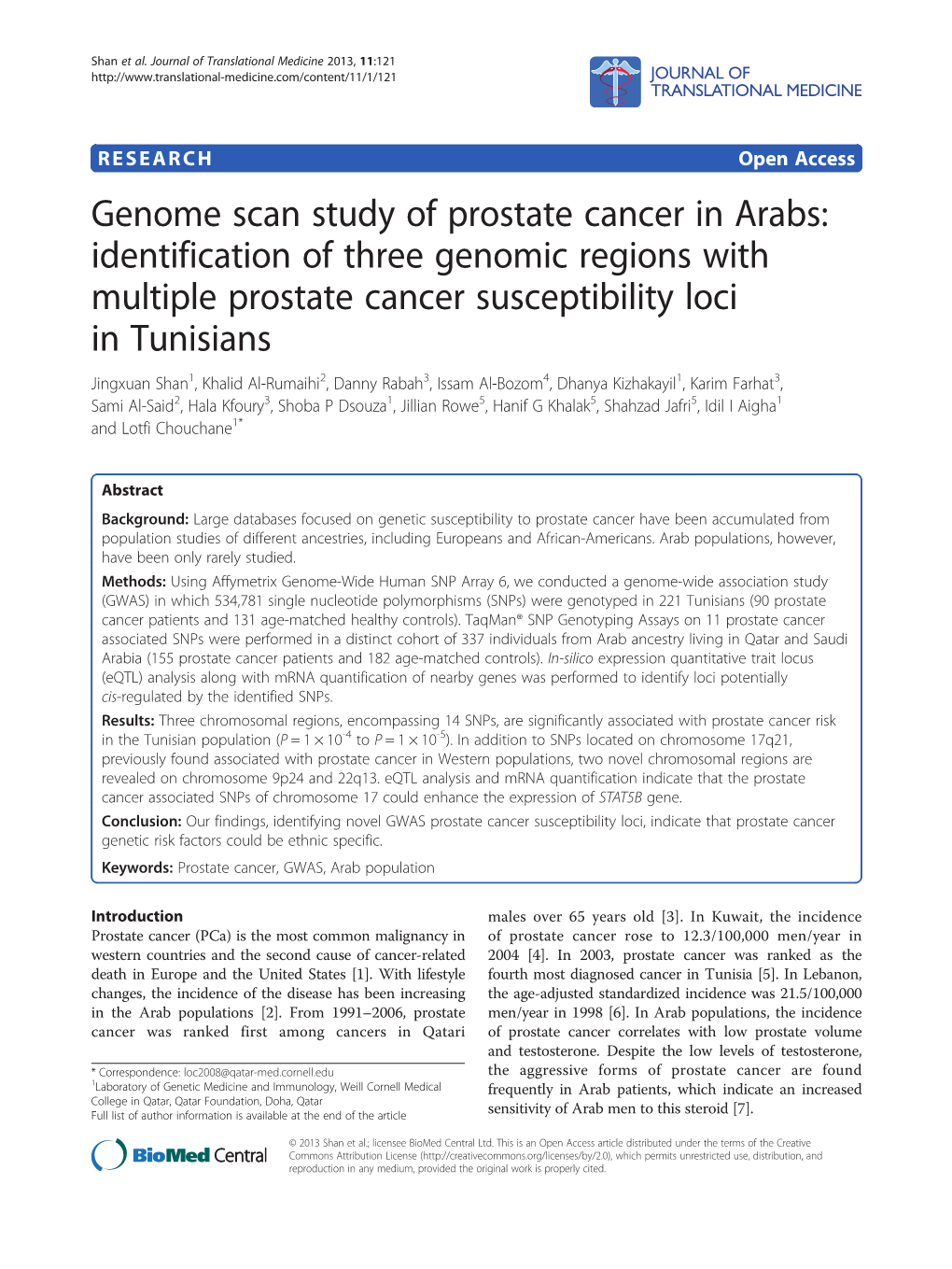 Genome Scan Study of Prostate Cancer in Arabs: Identification of Three