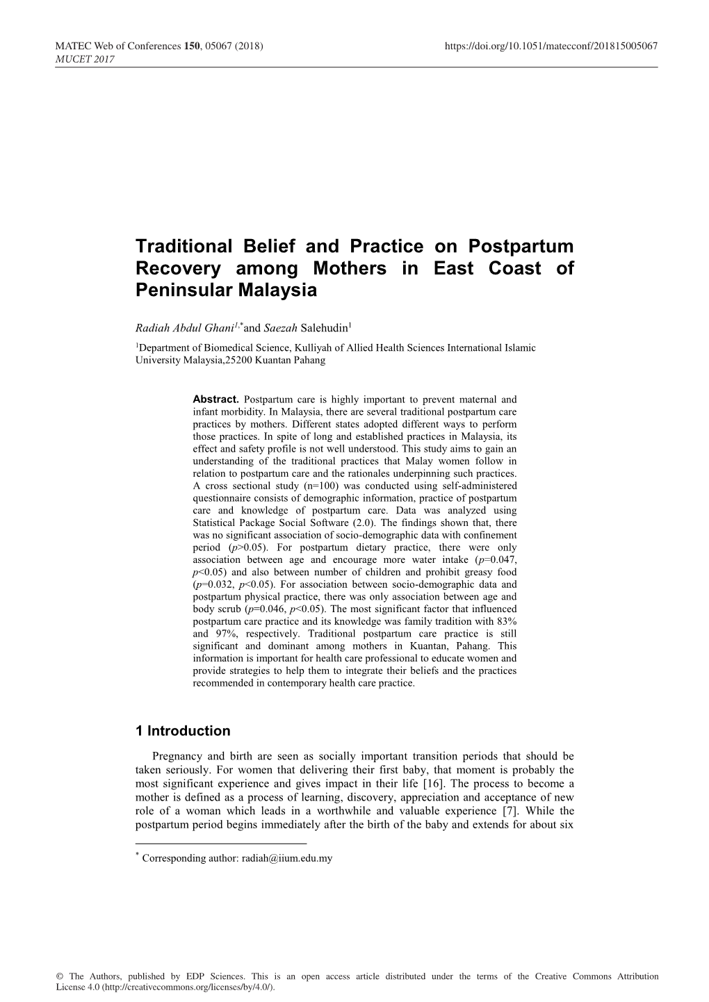 Traditional Belief and Practice on Postpartum Recovery Among Mothers in East Coast of Peninsular Malaysia