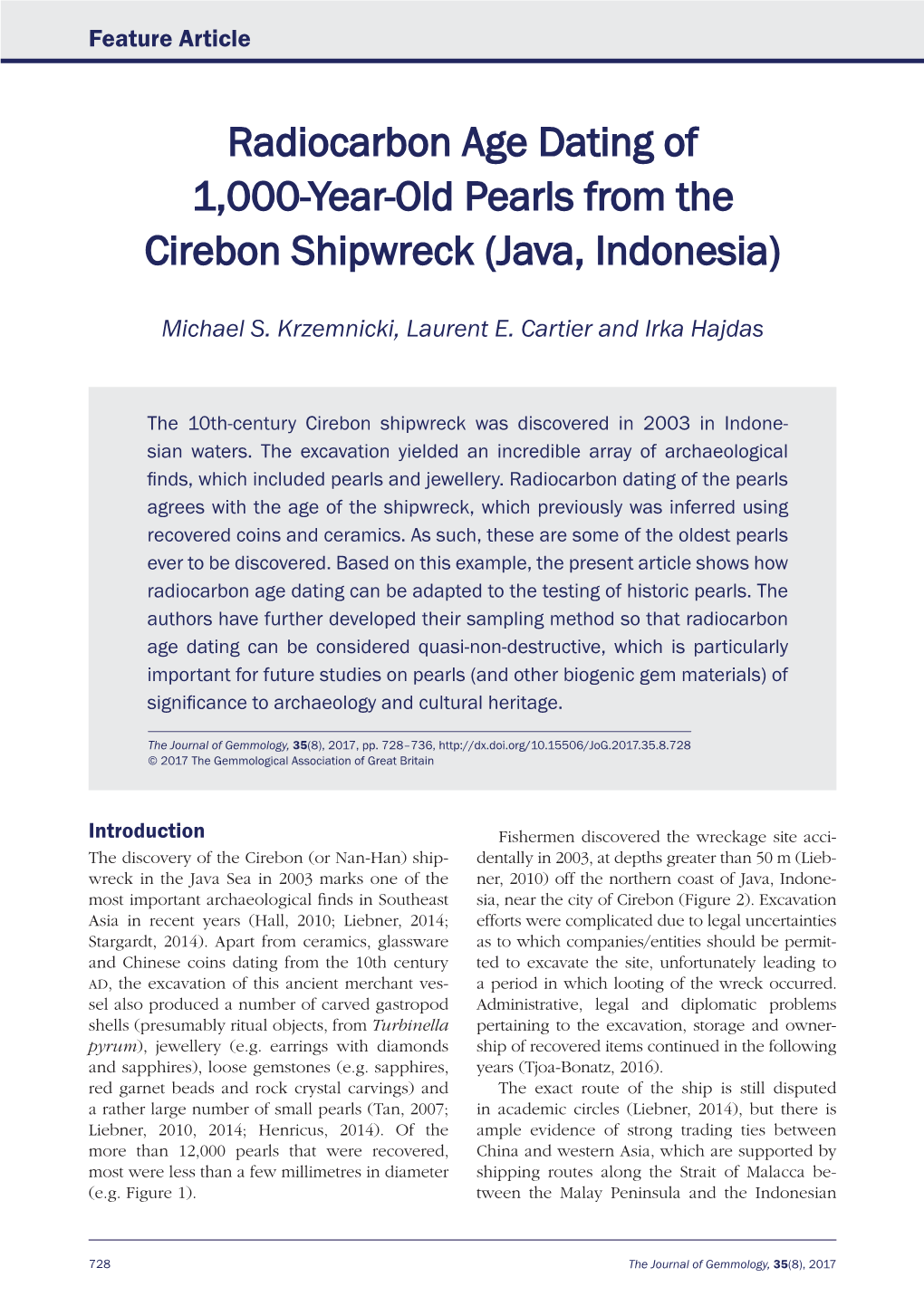 Radiocarbon Age Dating of 1,000-Year-Old Pearls from the Cirebon Shipwreck (Java, Indonesia)