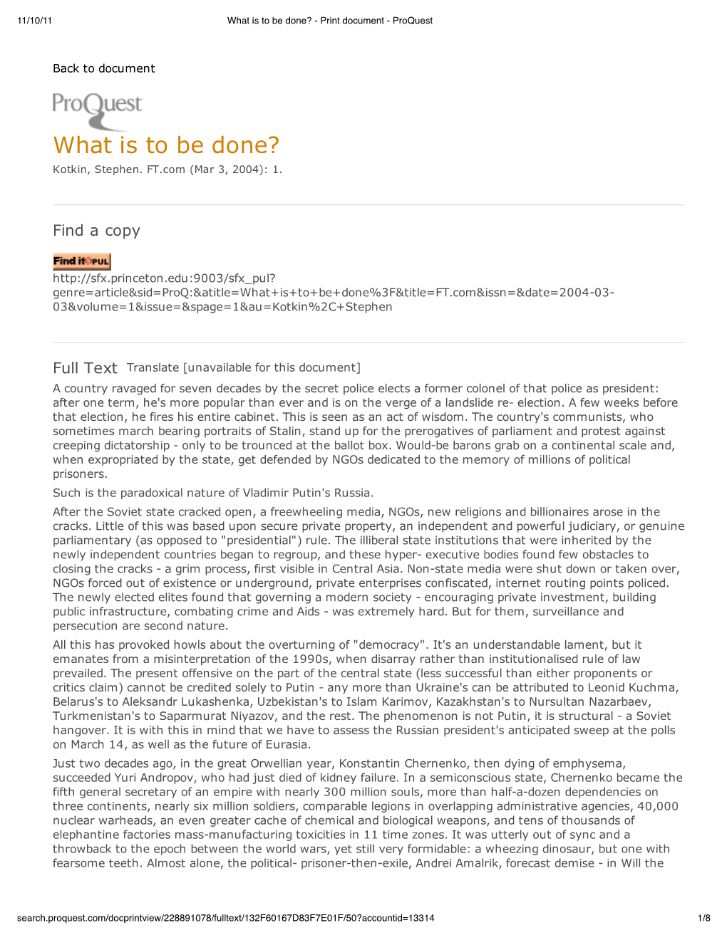 What Is to Be Done? - Print Document - Proquest