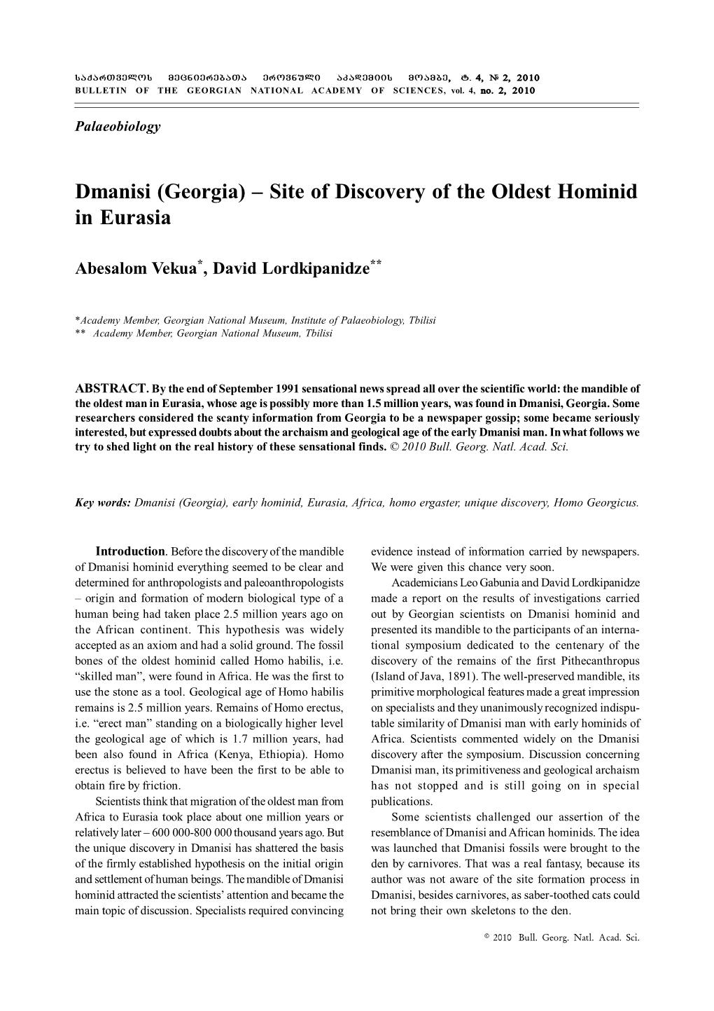 Dmanisi (Georgia) – Site of Discovery of the Oldest Hominid in Eurasia