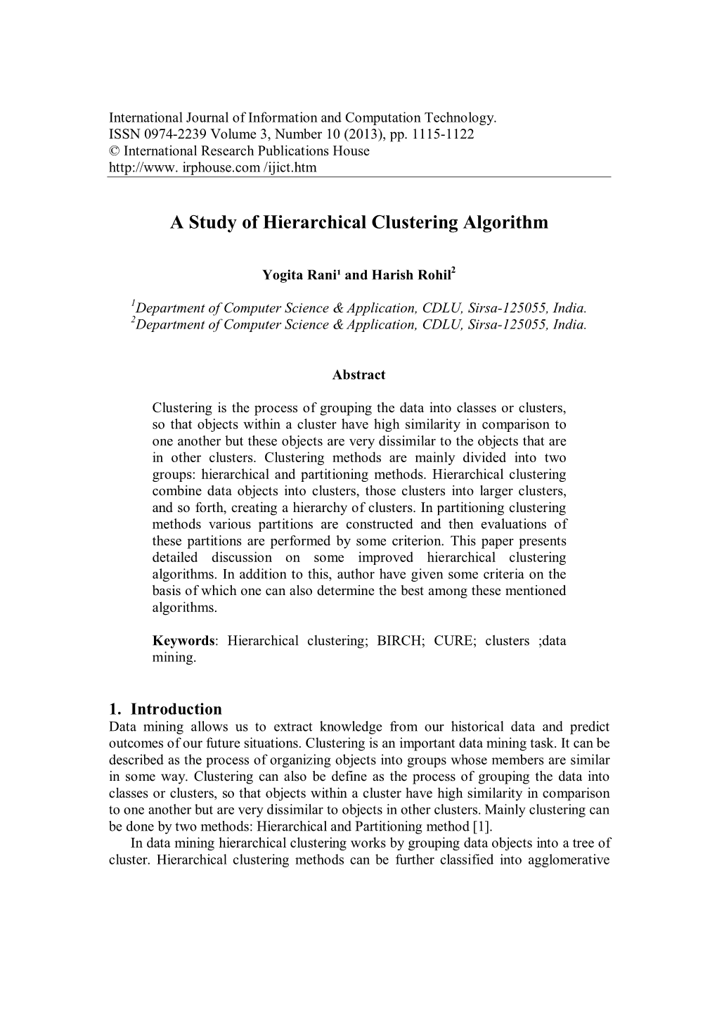 A Study of Hierarchical Clustering Algorithm