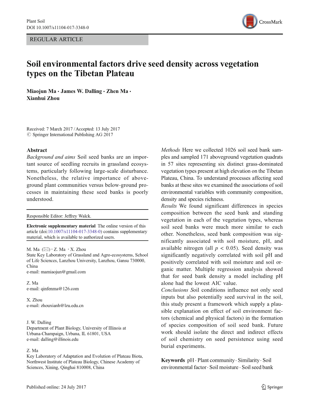 Soil Environmental Factors Drive Seed Density Across Vegetation Types on the Tibetan Plateau