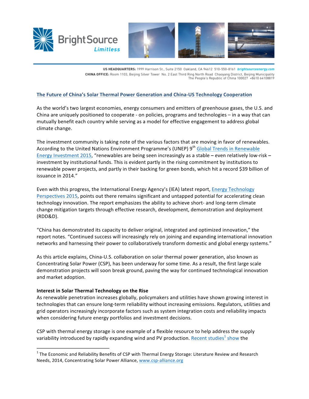 The Future of China's Solar Thermal Power Generation and China-‐US Technology A