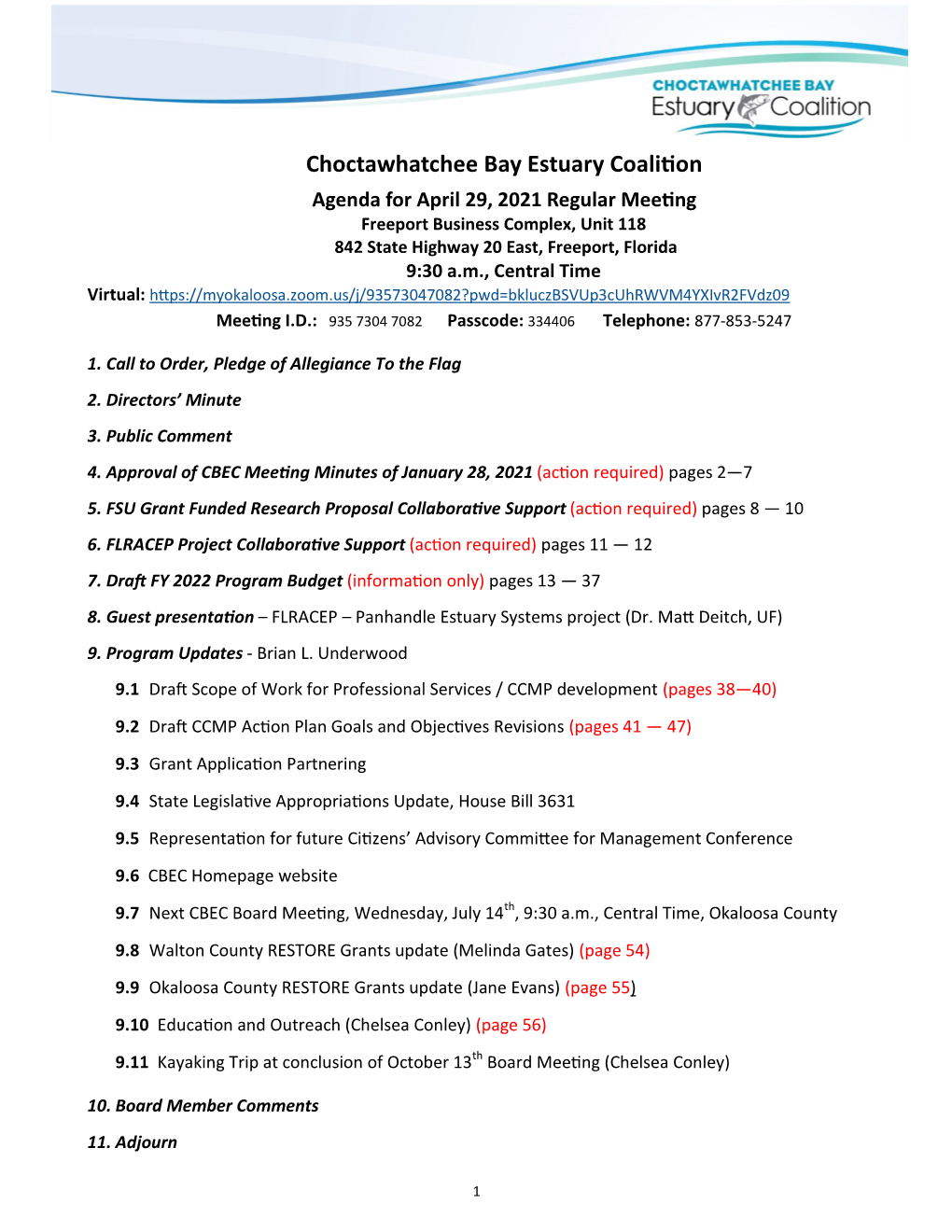 Choctawhatchee Bay Estuary Program Regular Meeting Agenda