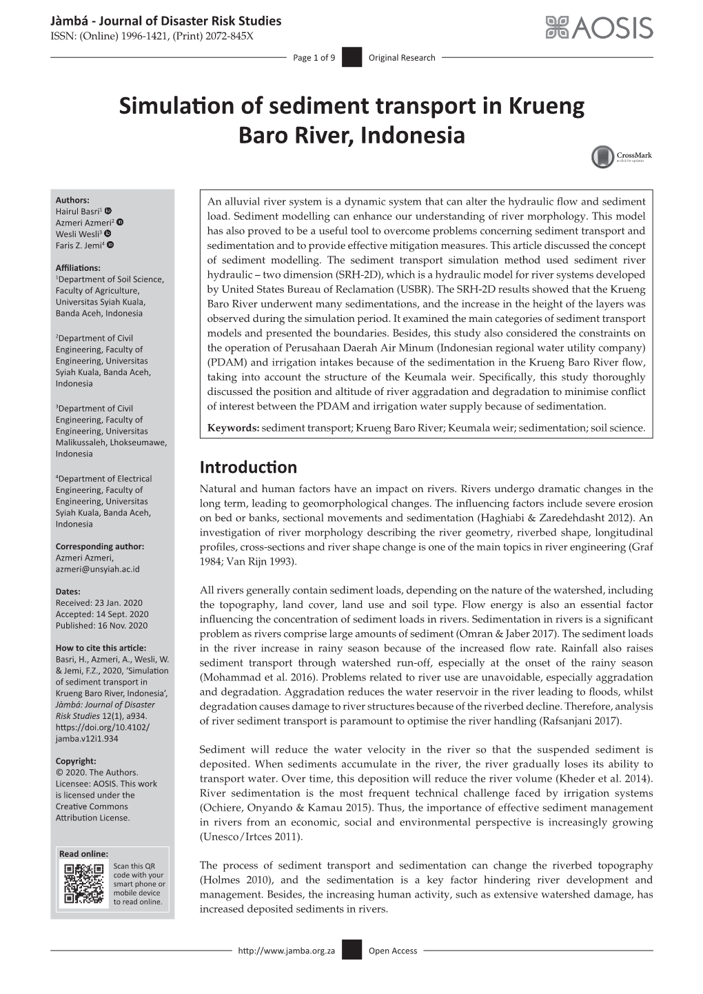 Simulation of Sediment Transport in Krueng Baro River, Indonesia