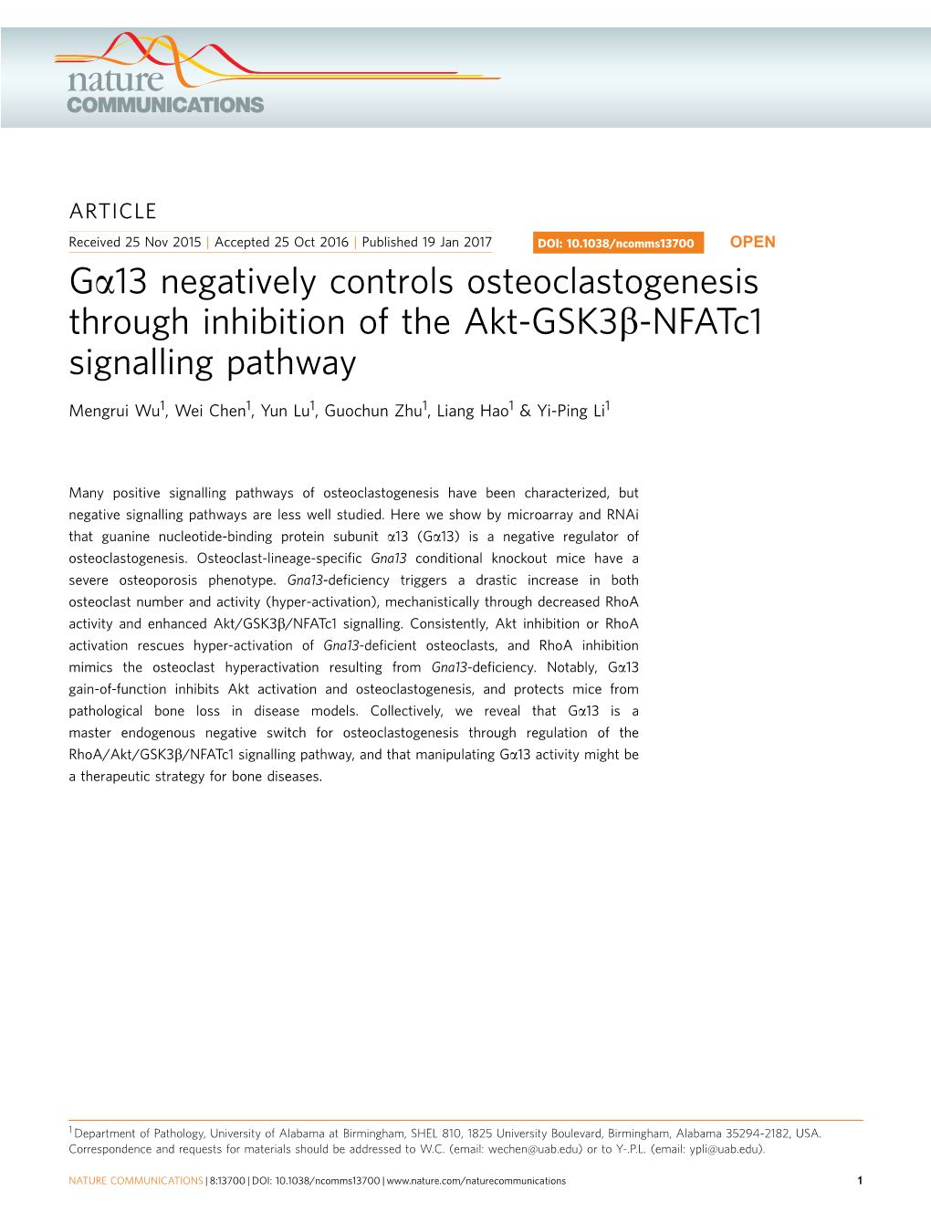 Gα13 Negatively Controls Osteoclastogenesis Through