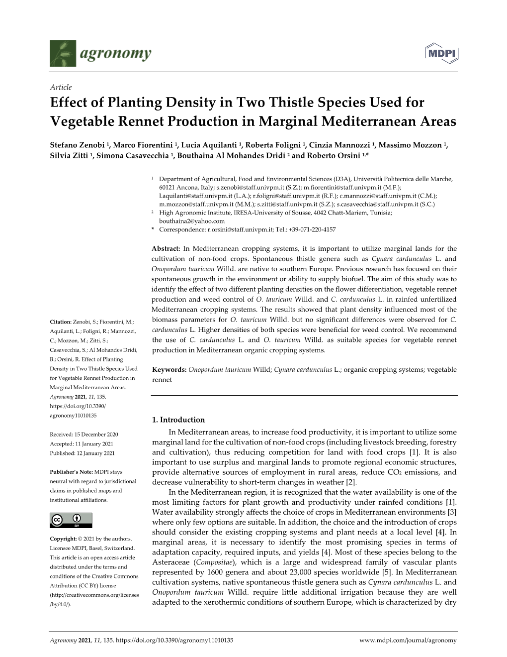 Effect of Planting Density in Two Thistle Species Used for Vegetable Rennet Production in Marginal Mediterranean Areas