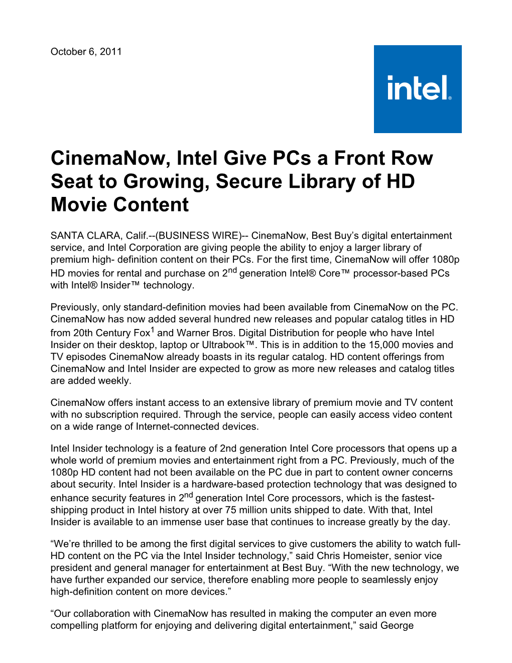 Cinemanow, Intel Give Pcs a Front Row Seat to Growing, Secure Library of HD Movie Content
