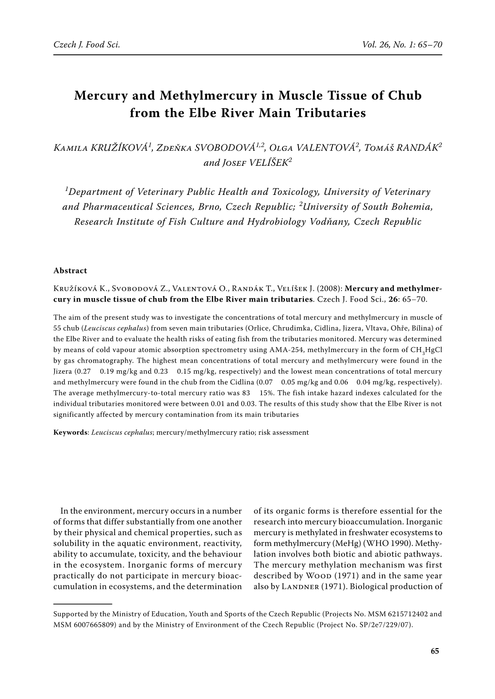 Mercury and Methylmercury in Muscle Tissue of Chub from the Elbe River Main Tributaries